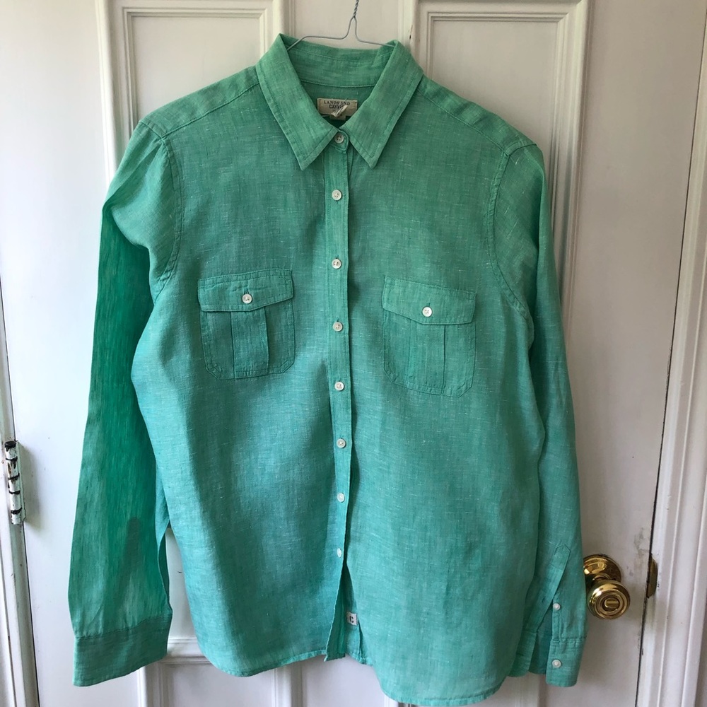 Lands End Canvas Women’s 100% Linen Button Up Blouse Green White Heathered